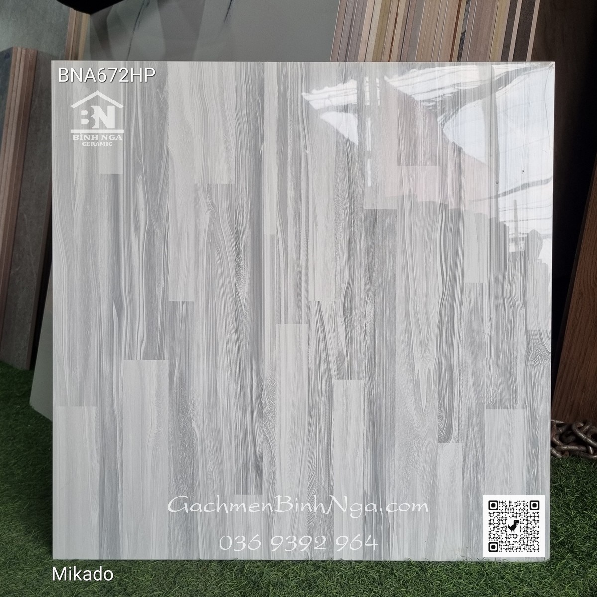 Gạch vân gỗ ghép màu xám trắng 60x60 bóng kính mikado