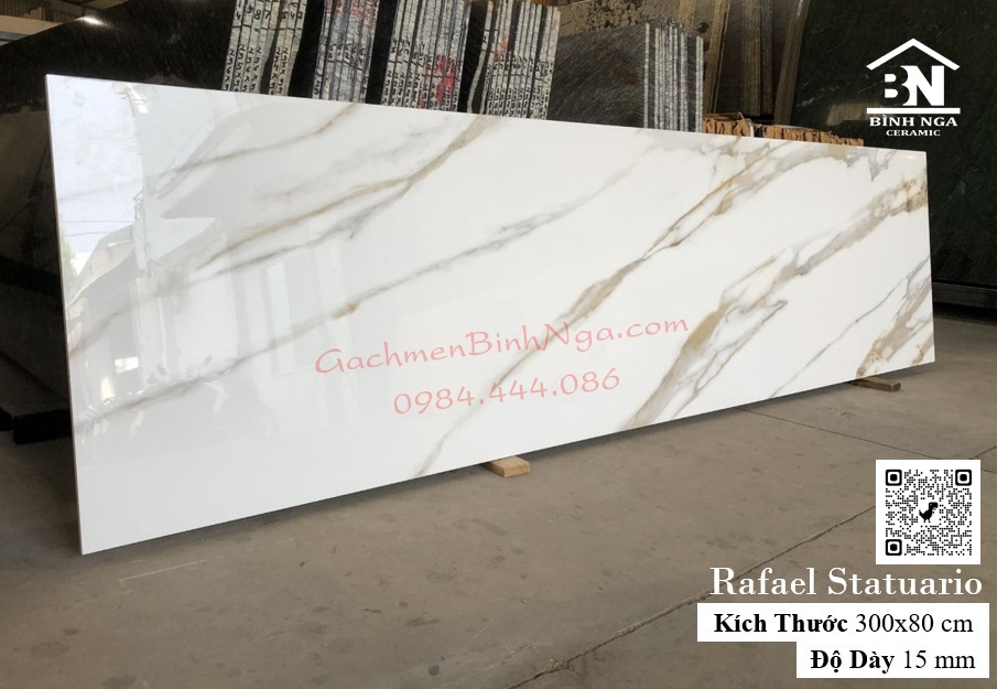 Đá granite nung kết Rafael Statuario 300x80 tông màu trắng vân xám