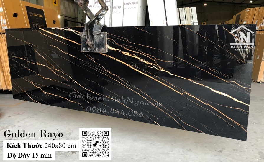 Đá granite nung kết golden rayo 80x240 bề mặt bóng màu đen vân vàng