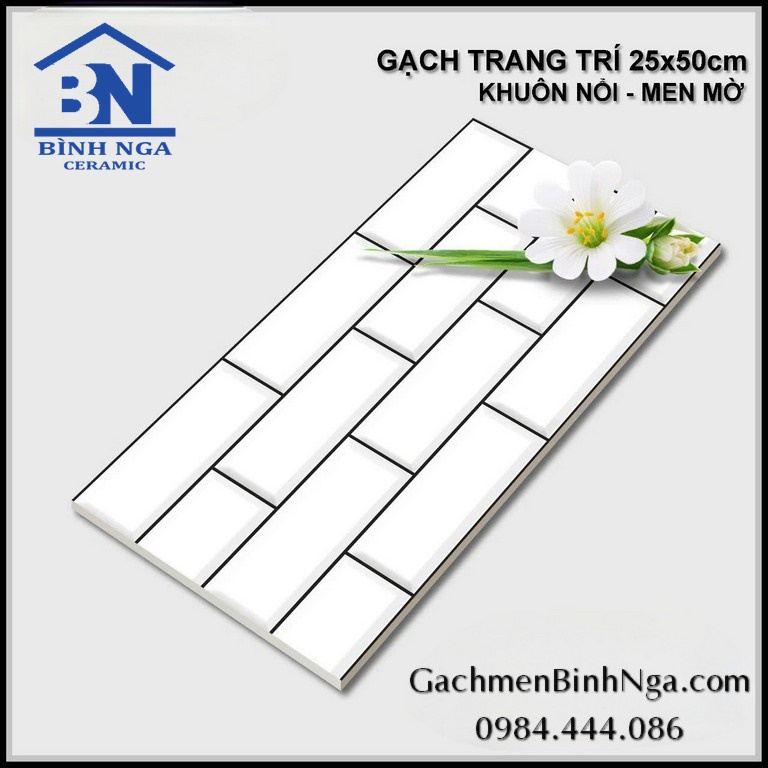 Gạch dán trang trí ô ghép chữ nhật màu trắng 3D men mờ