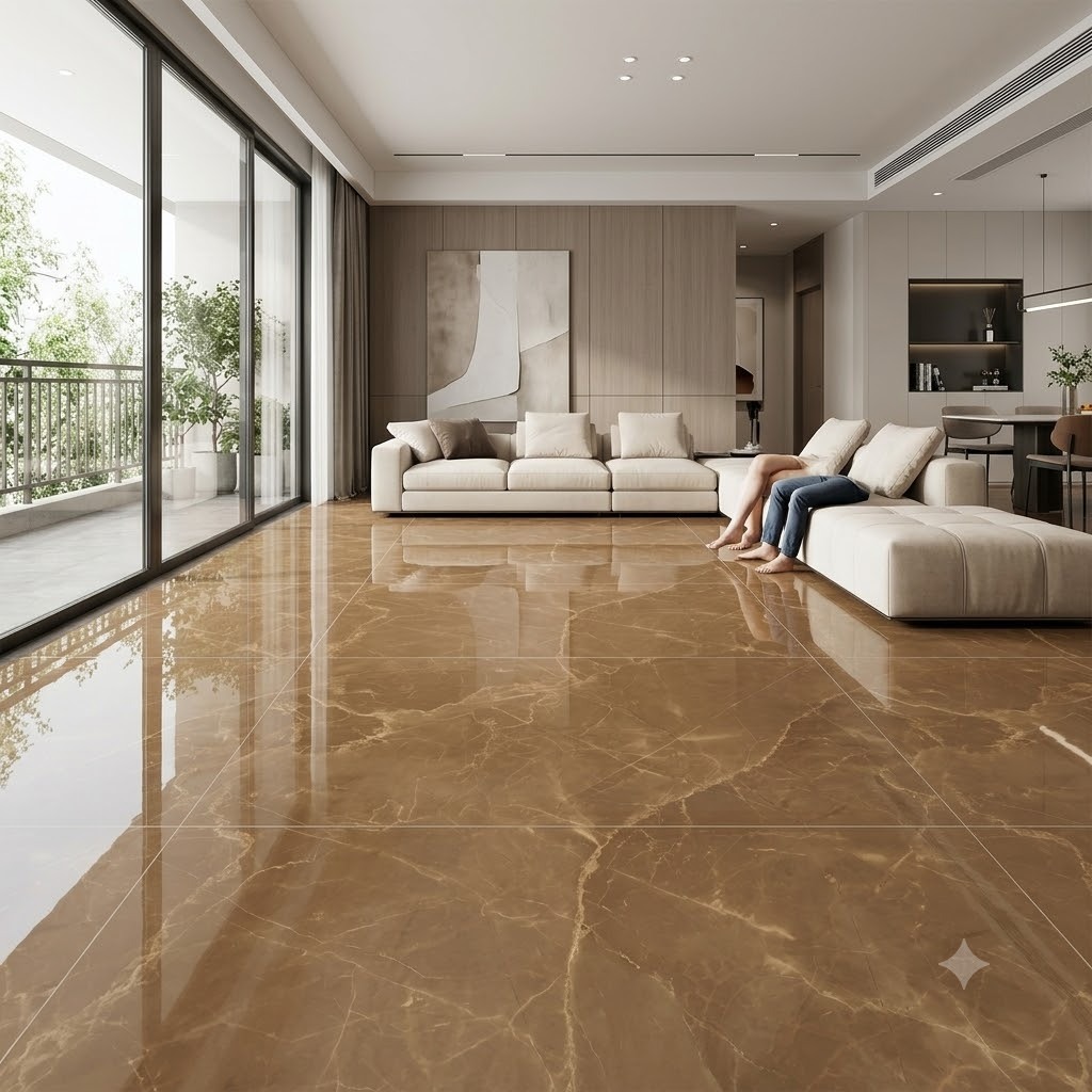 phối cảnh gạch 80x80 nâu da bò